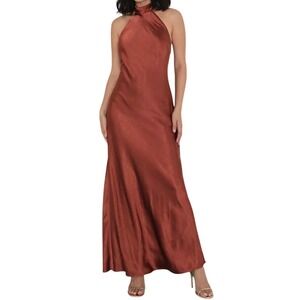 NWT Lulus Love in Your Life Rust‎ Brown Satin Halter Maxi Dress S Cocktail Party